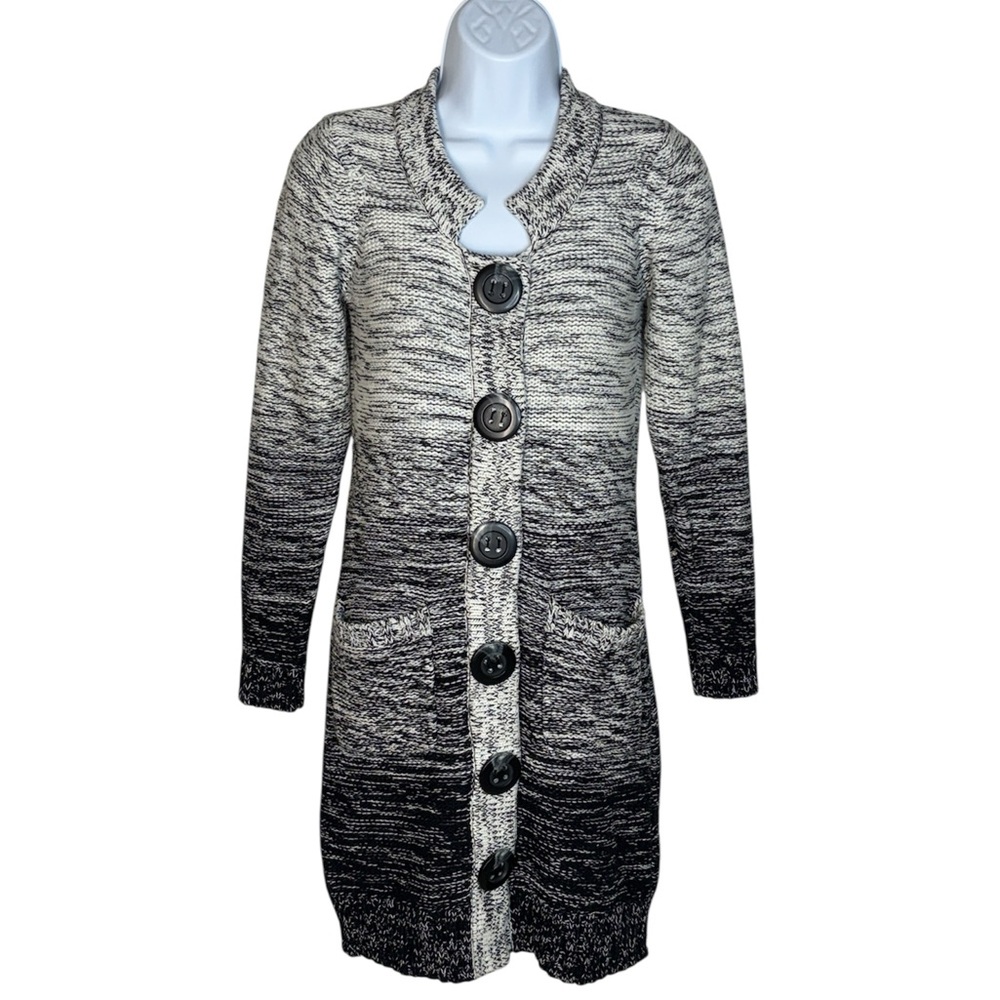 Bask Button-Up Cardigan Black and Gray Ombré Long